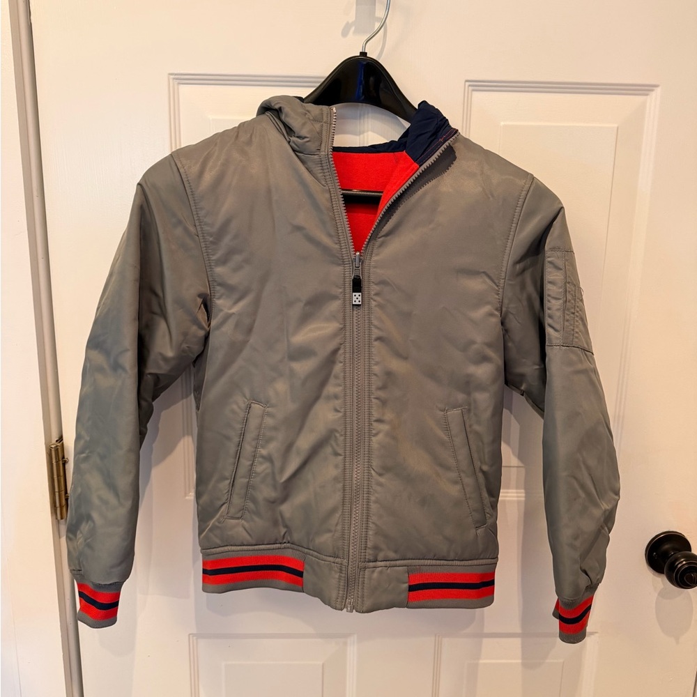Wonder Nation Youth Reversible Gray Puffer Jacket with Red Stripes